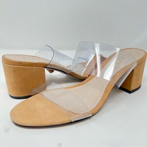 SCHUTZ Tan and Clear Block Heel Sandals